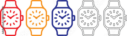Colorful smartwatch icons in red orange blue and black and white on white background