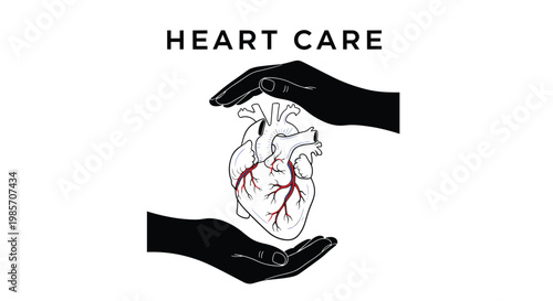 Two black silhouetted hands protective cupping around a human heart with heart care text above in a minimalist style.