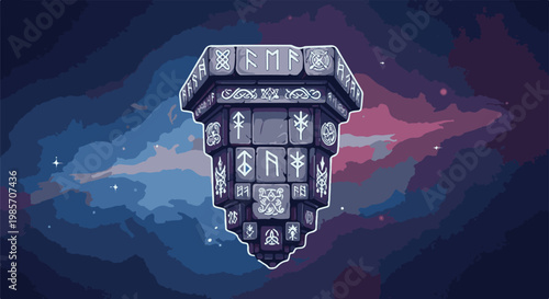 A pixel art monolith, inscribed with ancient runes, floats in a cosmic nebula