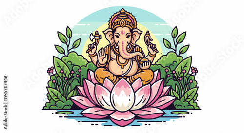 A serene, stylized depiction of a deity with an elephant head sits on a pink lotus flower