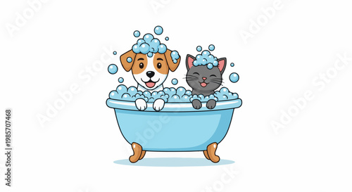 A happy dog and cat are bathing in a bubble-filled bathtub