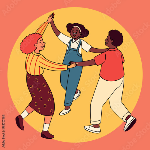 People dancing in a circle with joy.