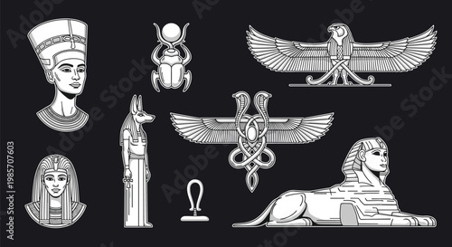 Collection of ancient Egyptian icons and symbols featuring Nefertiti, the Sphinx, Anubis, and various sacred emblems.