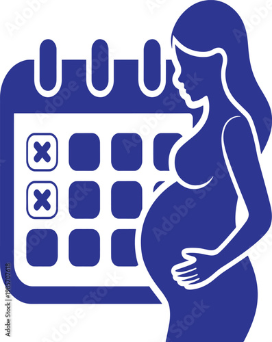 Pregnant woman standing next to calendar with marked dates  pregnancy and time concept
