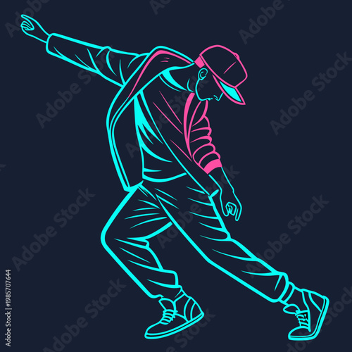 Dynamic street dancer posing in vibrant neon line.