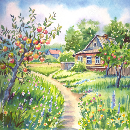 Watercolor rural landscape with a house and apple trees bearing ripe apples, perfect for posters, postcards, and other designs.