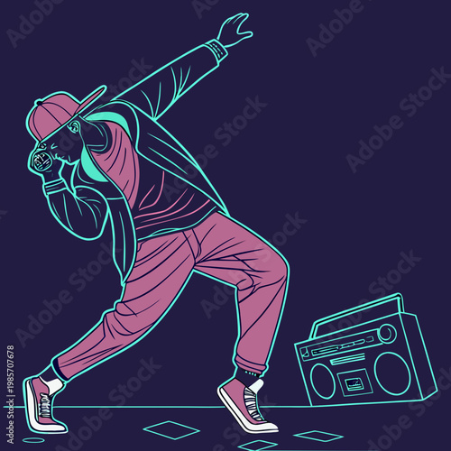 B-boy with boombox in neon outline.