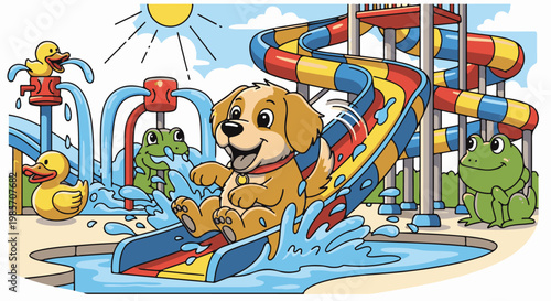 A happy dog enjoys a thrilling ride down a colorful water slide at a park