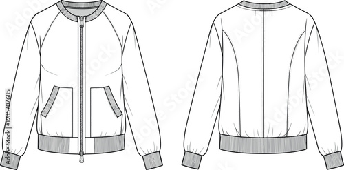 Blank bomber jacket technical flat sketch vector template showing front and back views with ribbed details and zipper closure outline