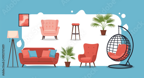 Modern interior design scene with various furniture pieces like a sofa, armchairs, and a hanging birdcage chair.