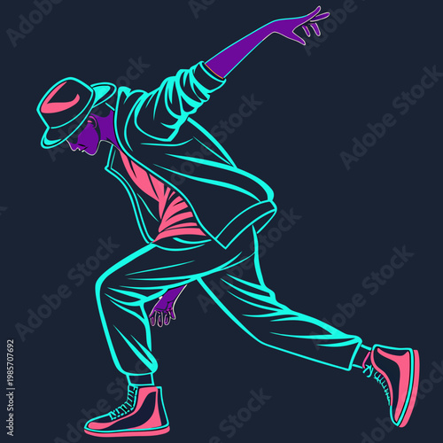 Dancer in neon outline with hat.