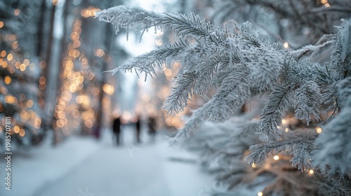 Close up frosted pine branch with warm bokeh fairy lights and blurred figures walking on a snowy path in a winter forest during twilight