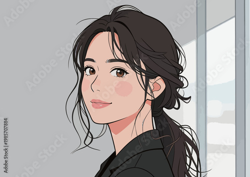 Stylish Woman with Long Dark Hair in Black Outfit