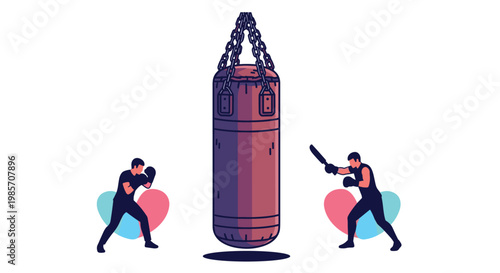 Dynamic illustration of two boxers practicing their punches on a large heavy bag hanging from chains in a gym.