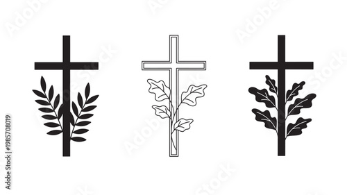Cross symbol set with laurel branches and wheat leaves in clean outline style for Christian and harvest designs