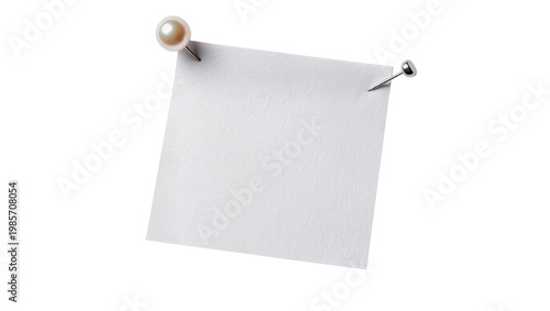 Quadro su tela Square white paper note pinned with pearl and metal pushpins, isolated on transp
