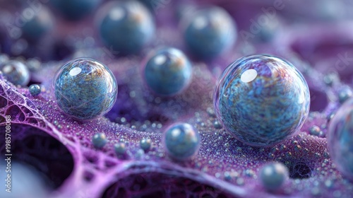 Close-up Macro View of Iridescent Blue Spheres Adhering to a Textured Purple Surface with Glittering Sparkles Under Dramatic Lighting