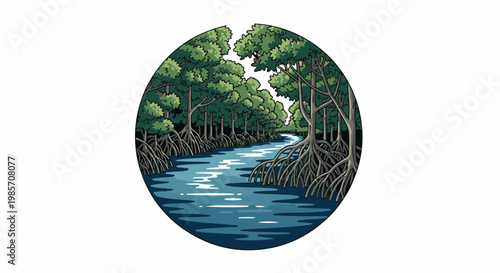 A serene water channel winds through a dense mangrove forest