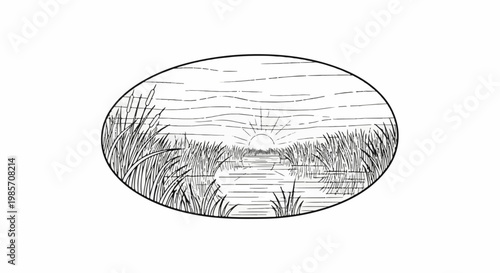 A serene sunrise over a marshy waterway, framed by tall reeds and grasses