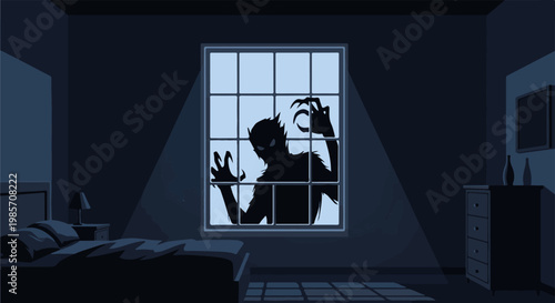 A shadowy figure with claws presses against a bedroom window at night