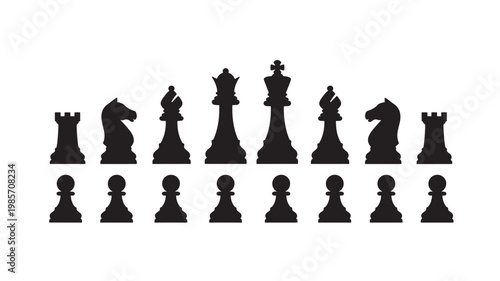 Chess pieces black silhouette set with king, queen, bishops, knights, rooks and pawns arranged in classic starting order.