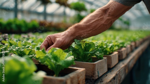 Close-up of a Farmer's Hand Gently Tending to Rows of Fresh Green Lettuce Seedlings Growing in a Sunlit Greenhouse Environment