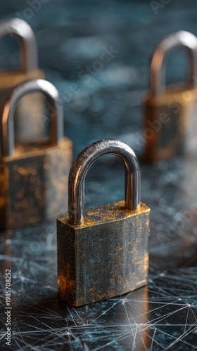 Close up of a metallic padlock with orange glowing particles scattered on its surface against a dark background with a digital network pattern and blurred padlocks in the foreground and background