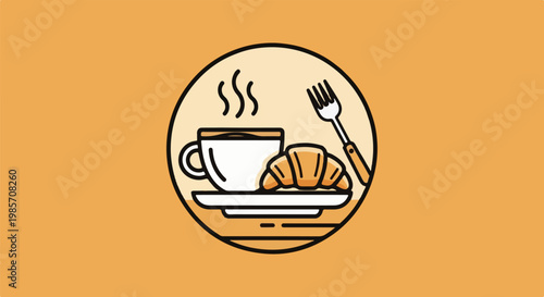 A simple icon of a hot beverage with a pastry and cutlery