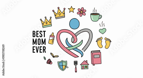 A heart icon composed of intertwined ribbons surrounds a person, with mom symbols
