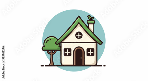 A simple house with a tree and a bird on the chimney