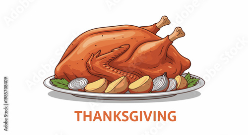 A roasted turkey dinner with potatoes and onions on a plate