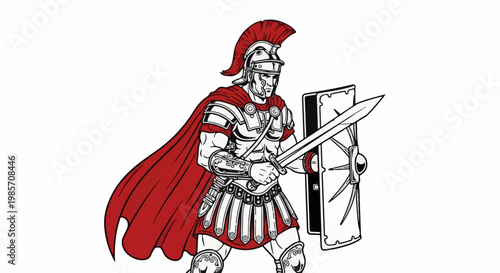 A Roman soldier in armor and a red cape holds a sword and shield