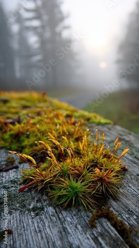 Close up of lush green moss with tiny water droplets glistening on wooden surface with blurred foggy forest background and soft sun glow in morning light