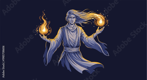 A pixel art wizard with long hair conjures two balls of fire