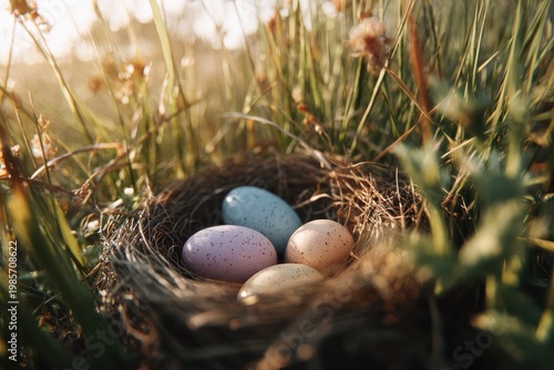 Close up on a delicate bird's nest containing four speckled eggs in pastel colors, nestled within tall green grass with soft golden sunlight filtering through, creating a serene and natural