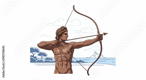 A pixel art statue of an archer aims a bow with a distant coastal town