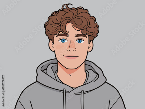 Young man with curly hair in gray hoodie