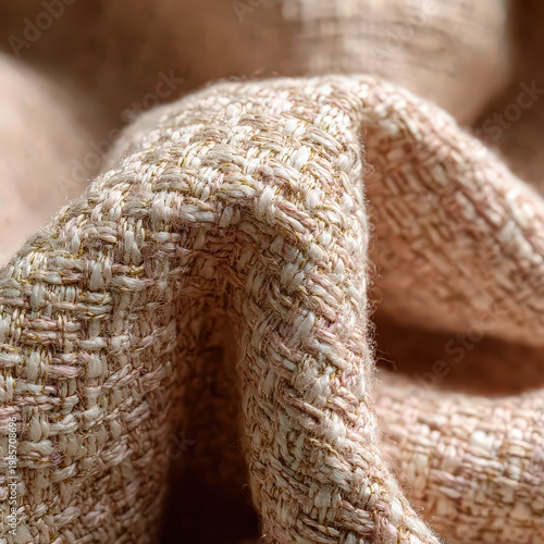 Close up Textured Fabric Weave in Soft Beige and Gold Threads with Natural Lighting Showing Folded Material Detail and Subtle Shimmer Perfect for Fashion or Interior Design Backgrounds