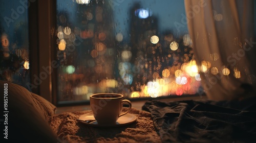Cozy Scene of a Steaming Cup of Coffee on a Blanket Beside a Rainy Window Overlooking Blurry City Lights at Dusk Cozy Atmosphere Warmth Comfort Relaxation