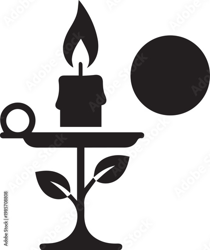 A beautifully crafted silhouette of a candle in a decorative holder with a leaf motif, next to a dark circle, symbolizing light and shadow or energy
