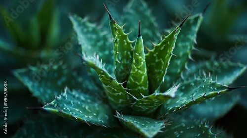 Detailed Close Up of a Lush Green Aloe Vera Plant with Sharp Spiky Leaves and White Tips Set Against a Dark Moody Background with Soft Natural Lighting