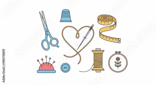Assorted sewing and embroidery tools are arranged on a white background