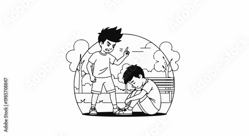 Angry boy scolds sad boy sitting on ground in park