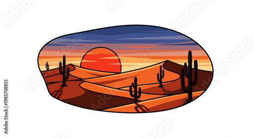 Stylized desert landscape with cacti during a vibrant sunset, oval border