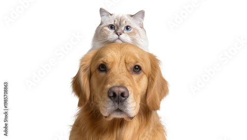 Canvas Print Golden Retriever dog with a fluffy Ragdoll cat balanced on its head, isolated on