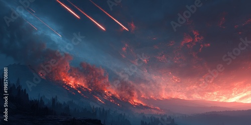 Dramatic Celestial Event With Streaking Meteors Over a Burning Mountain Landscape Under a Fiery Red And Blue Sky