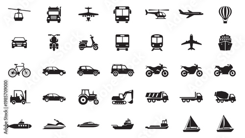 Transport vehicle icons set with planes, cars, bikes, buses, ships, and trucks in simple black silhouettes