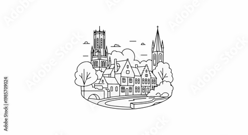 Stylized outline of European cityscape with churches, houses, trees, and water