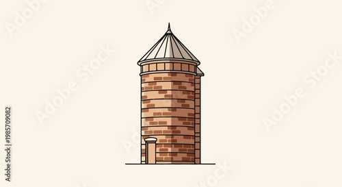 Cartoon illustration of a tall, cylindrical brick silo with a conical roof