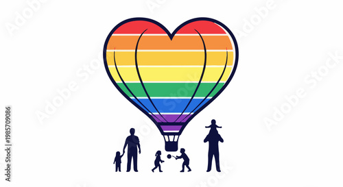 A heart-shaped hot air balloon with rainbow colors flies above silhouetted people